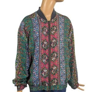 Silk Club Vintage Silk Bomber Jacket Size S Colorful Paisley Floral Print zip up